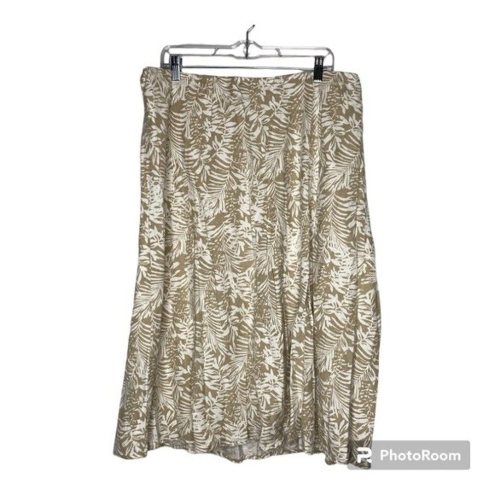 CJ Banks Tan White Palm Leaf Midi Linen Blend Stretch Waist Skirt 1X Plus Size